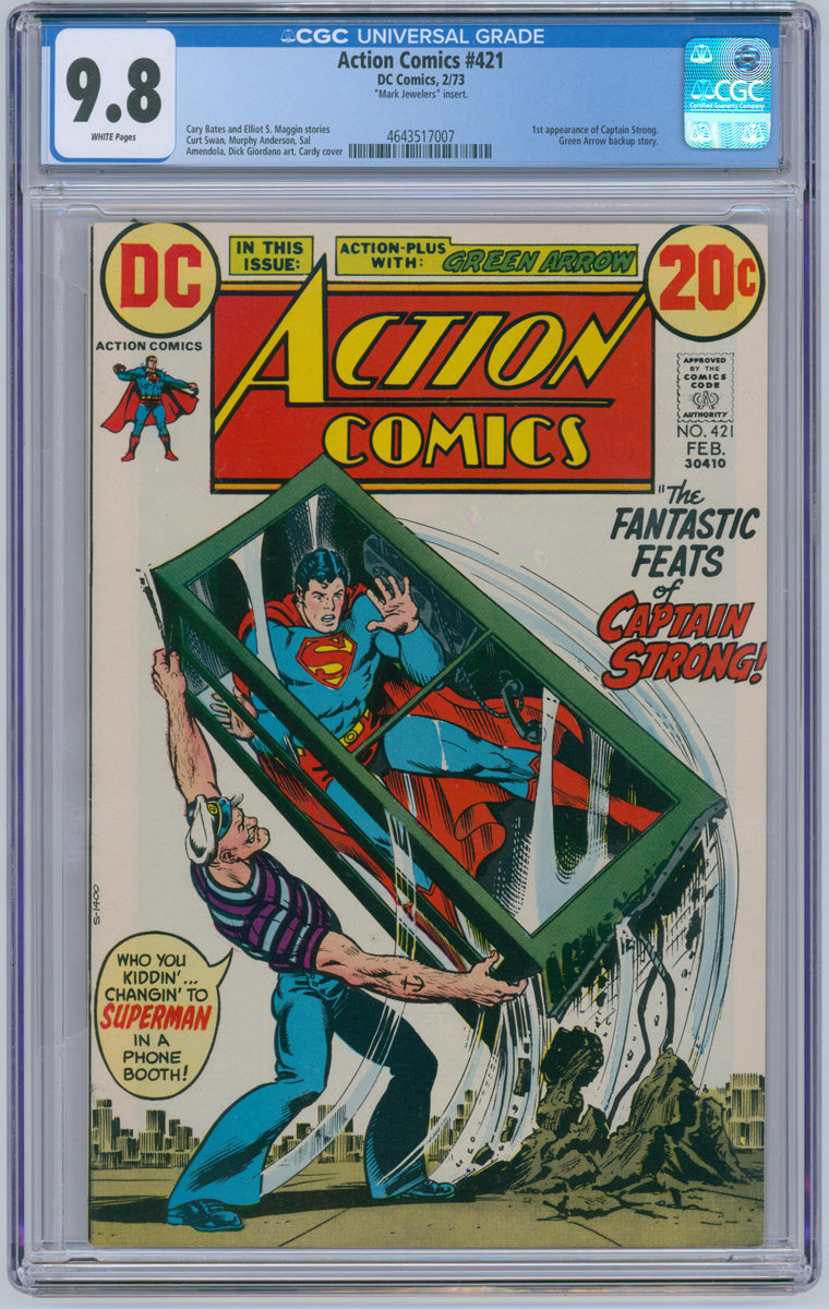 Action Comics 0421 - 1st App Capt. Strong- Mark Jewelers insert + WHITE Pages 1973 CGC 9.8